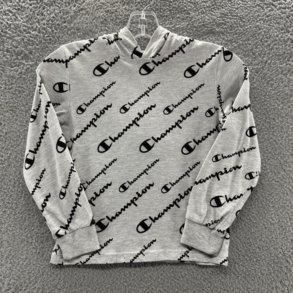 Champion T-Shirt Boys Size 6 Gray Graphic All Over Logo Hooded T-Shirt‎ Boys 6
